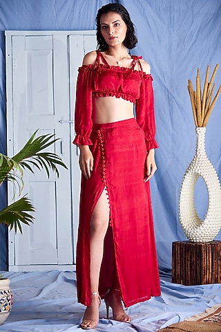 Red Chiffon Skirt With Slit by Shivika Agarwal