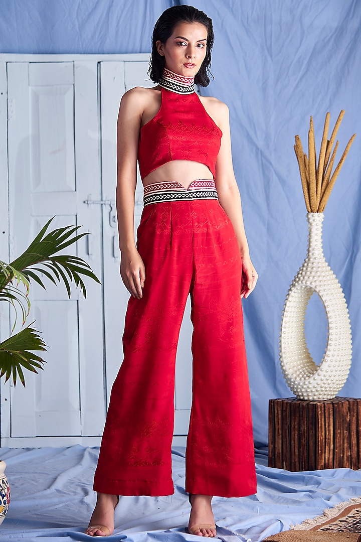 Red Embroidered Blouse by Shivika Agarwal