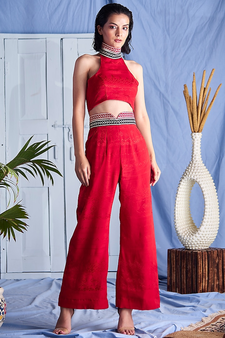 Red Embroidered Blouse by Shivika Agarwal at Pernia's Pop Up Shop