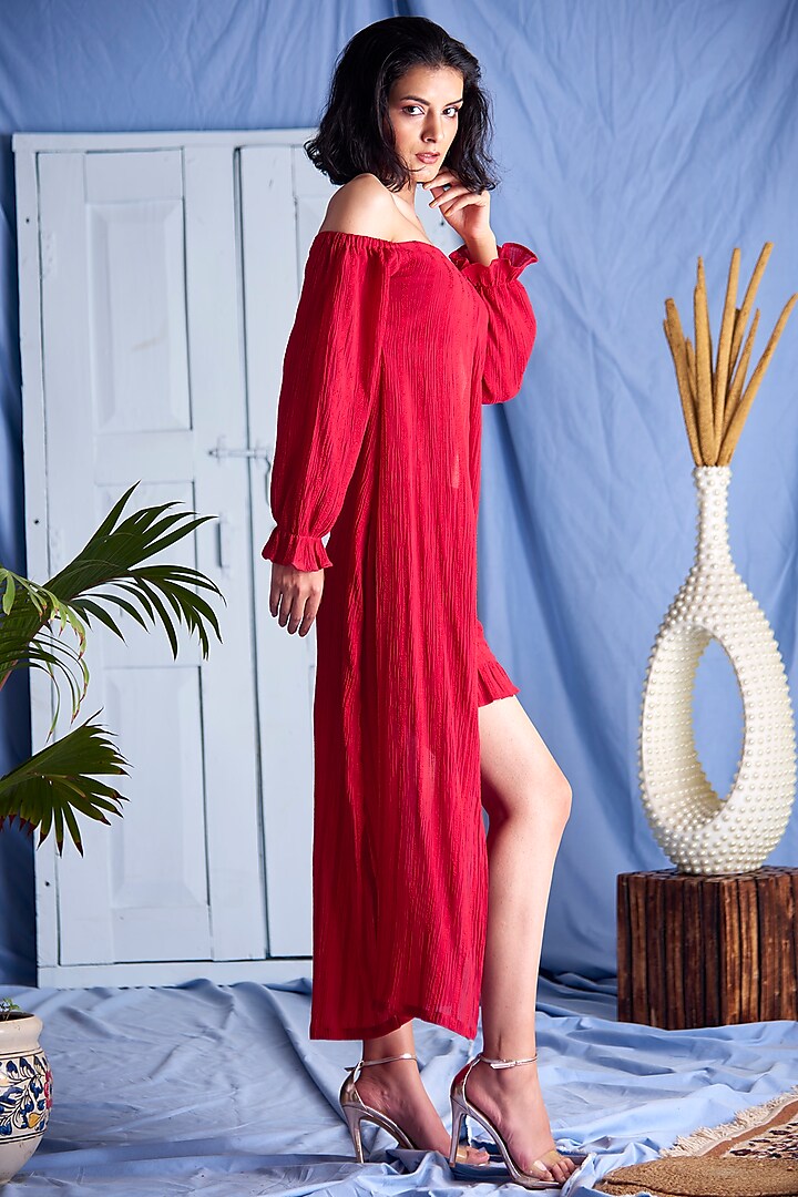 Red Cotton Shirt With Slit by Shivika Agarwal