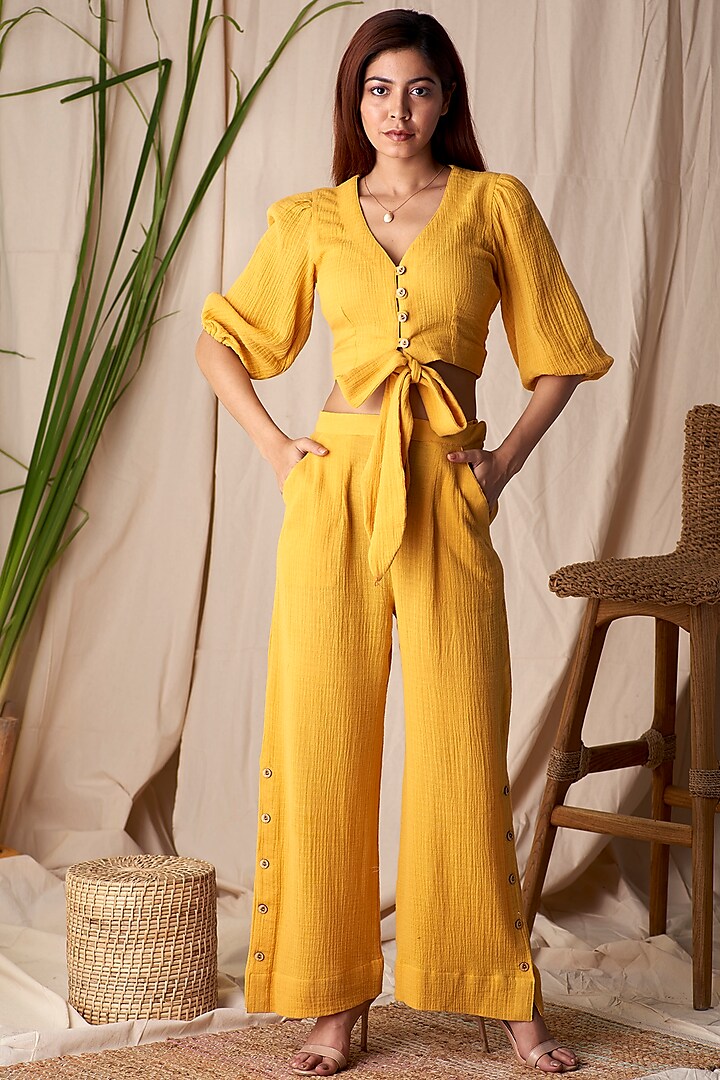 Yellow Tie- Up Dobby Blouse by Shivika Agarwal