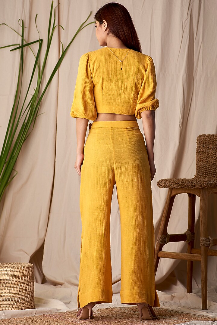 Yellow Tie- Up Dobby Blouse by Shivika Agarwal at Pernia's Pop Up Shop