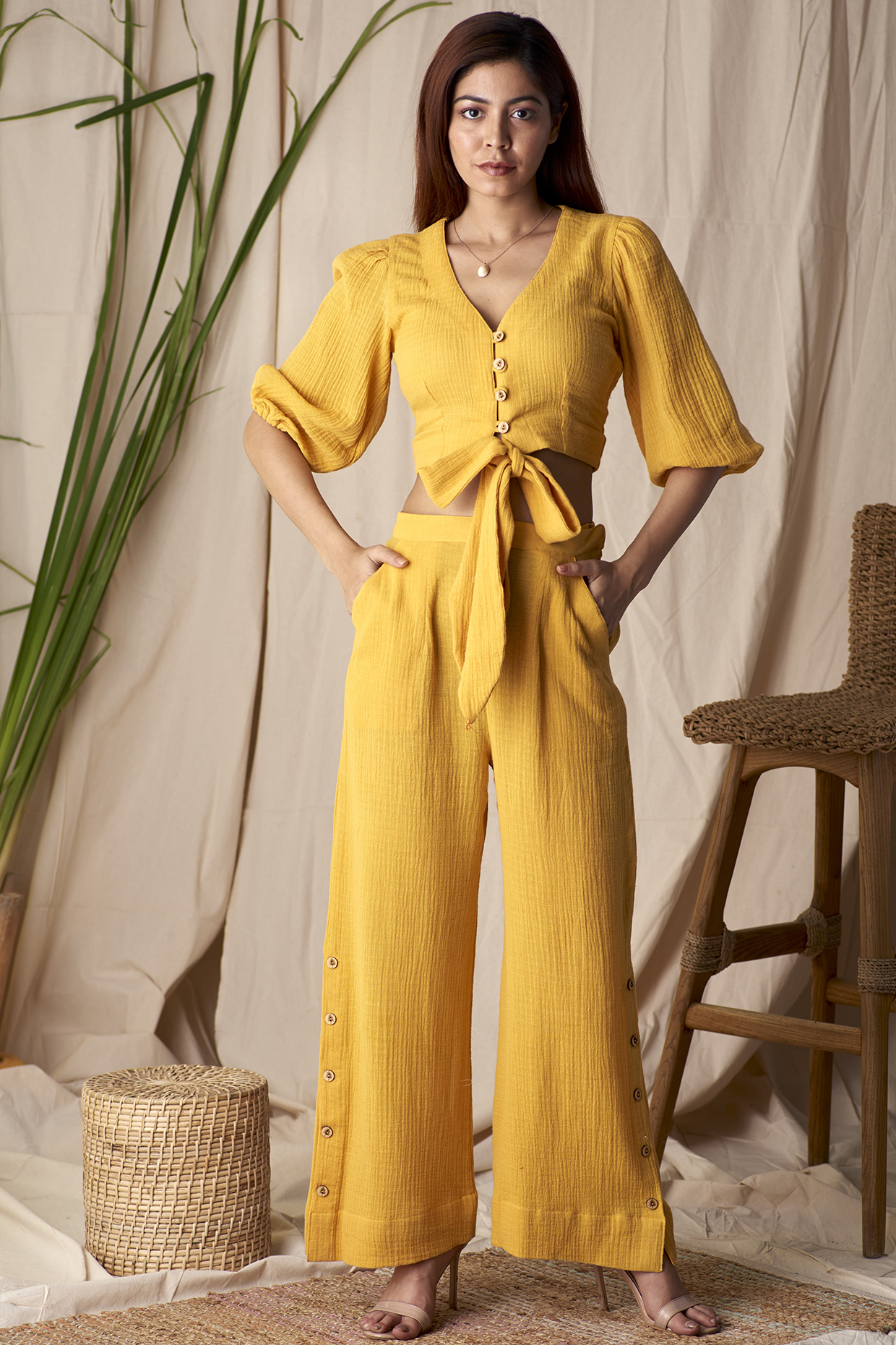 Turmeric Yellow Dobby Pants by Shivika Agarwal at Pernia's Pop Up Shop