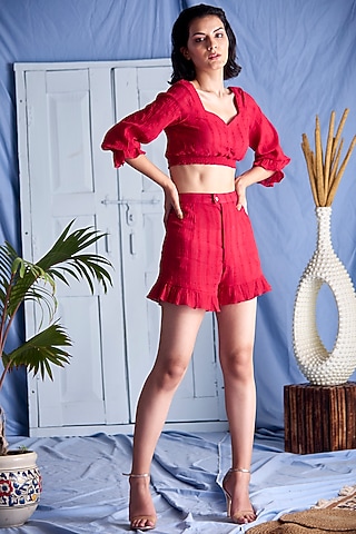 Red Smoke Detailing Cotton Blouse by Shivika Agarwal