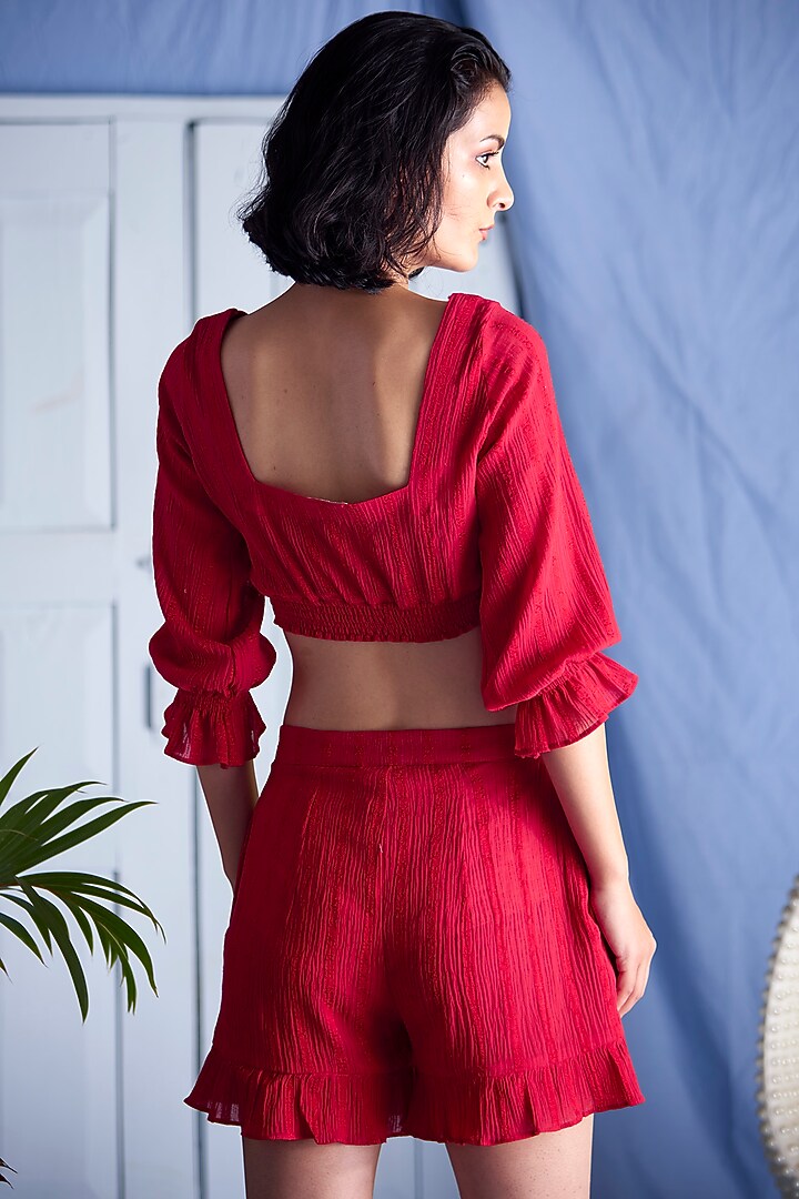 Red Smoke Detailing Cotton Blouse by Shivika Agarwal at Pernia's