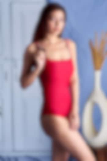 Red Lycra Embroidered Swimsuit by Shivika Agarwal
