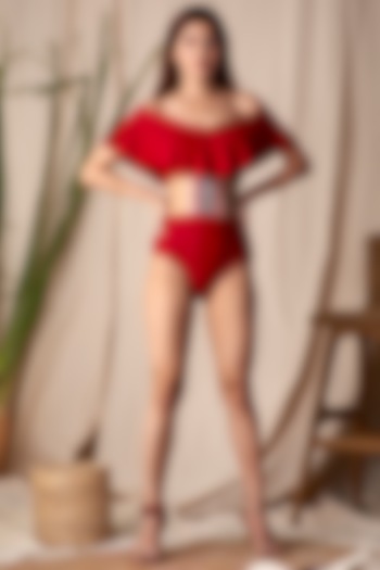 Red Off-Shoulder Embroidered Swimsuit by Shivika Agarwal
