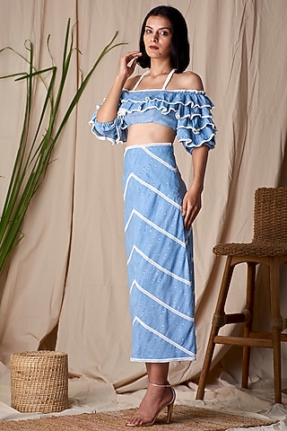 Columbine Blue Ruffled & Embellished Top by Shivika Agarwal
