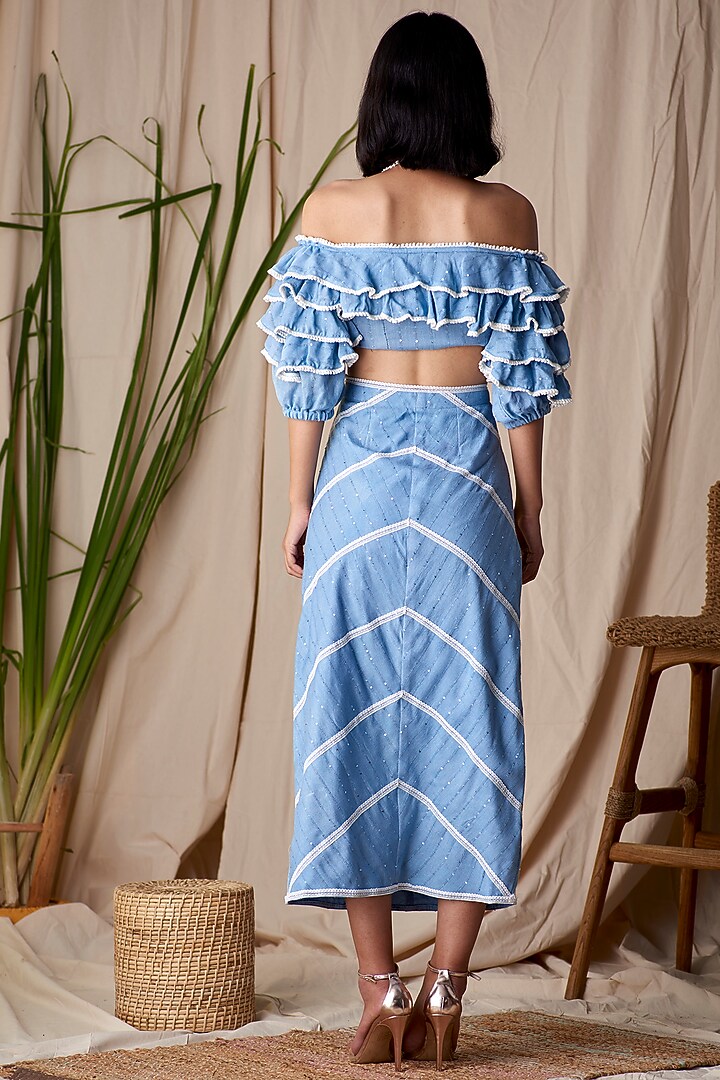 Columbine Blue Ruffled & Embellished Top by Shivika Agarwal at Pernia's Pop Up Shop