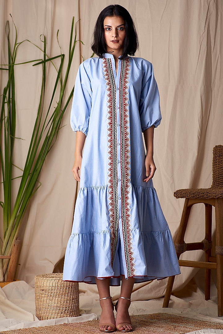 Columbine Blue Two Tiered Gathered Dress by Shivika Agarwal