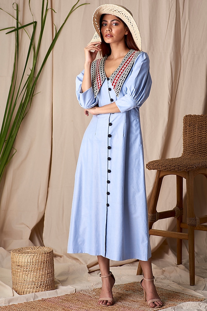 Columbine Blue Embroidered A-Line Dress by Shivika Agarwal