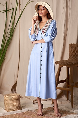Columbine Blue Embroidered A-Line Dress by Shivika Agarwal