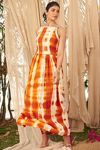 Burnt Orange Tie-Dyed Jumpsuit by Shivika Agarwal