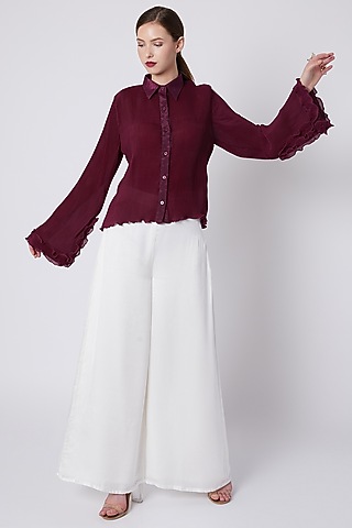 Maroon Shirt With Pleats by Shivangi Jain
