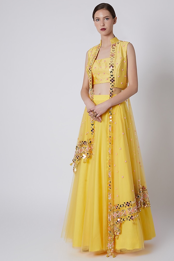 Yellow Acrylic Jacket Lehenga Set by Shivangi Jain