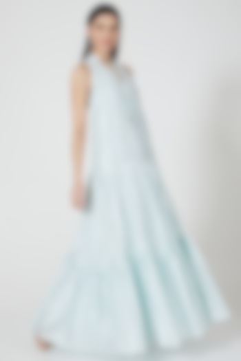 Sky Blue Embroidered A-Line Layered Dress by Shivangi Jain