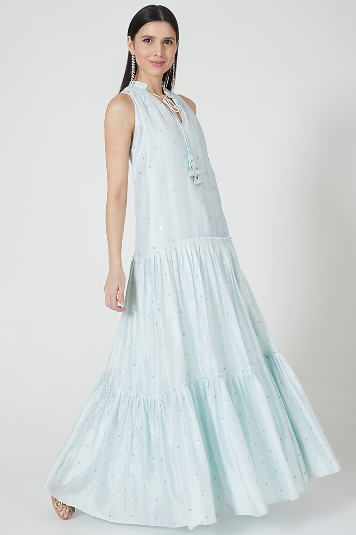 Sky Blue Embroidered A-Line Layered Dress by Shivangi Jain