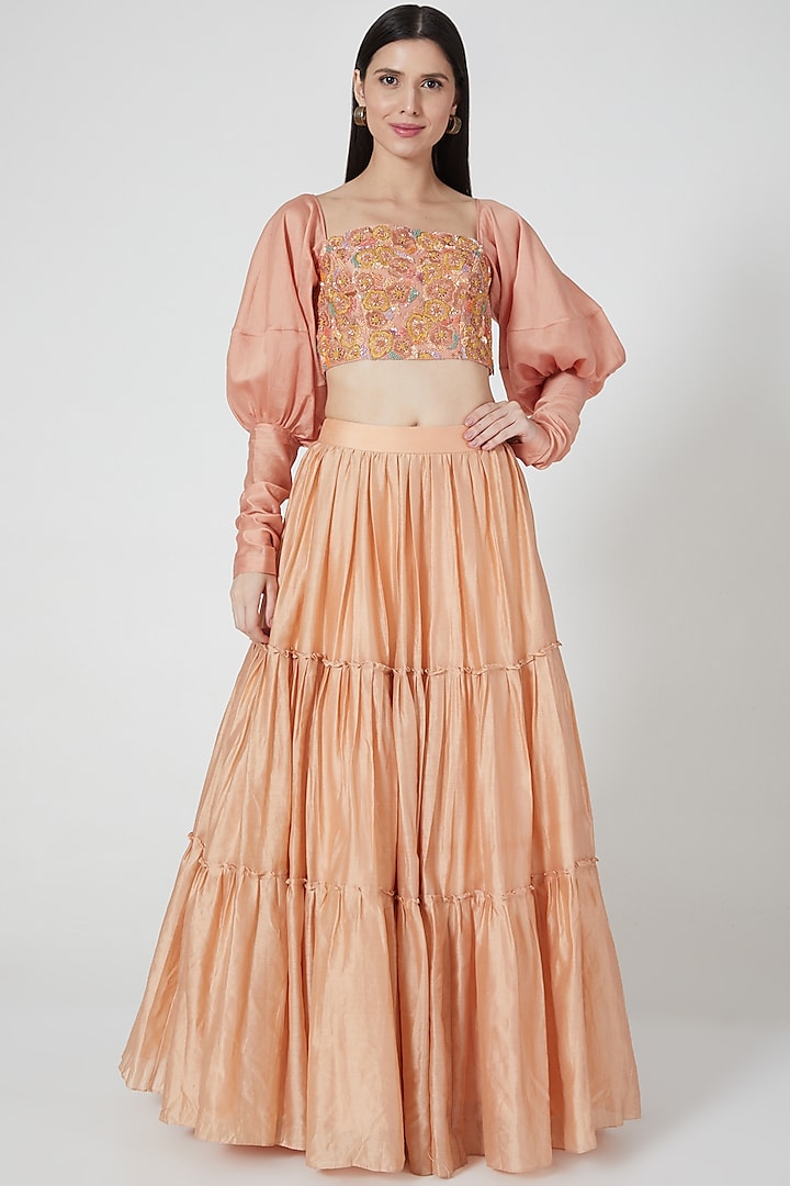 Orange Ruffled Layered Skirt Set by Shivangi Jain
