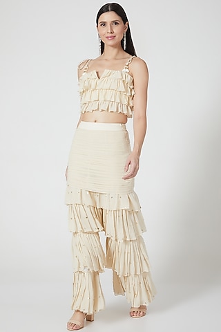 Off White Ruffled Sharara Set With Embroidery by Shivangi Jain