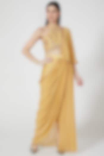 Yellow Draped Pant Saree Set With Embroidered Blouse by Shivangi Jain
