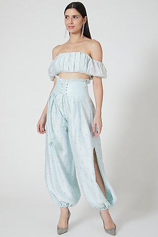 Sky Blue Hand Embroidered Pant Set by Shivangi Jain