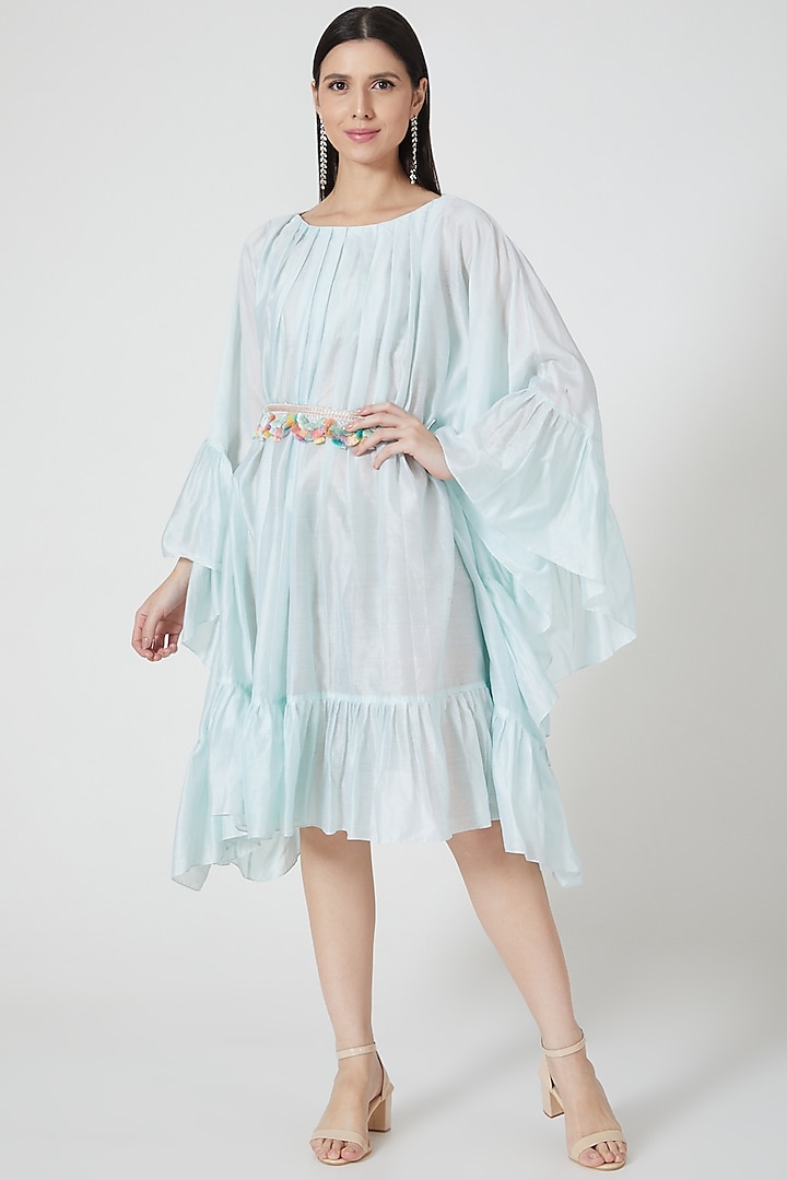 Sky Blue Ruffled Dress With Embroidered Belt by Shivangi Jain