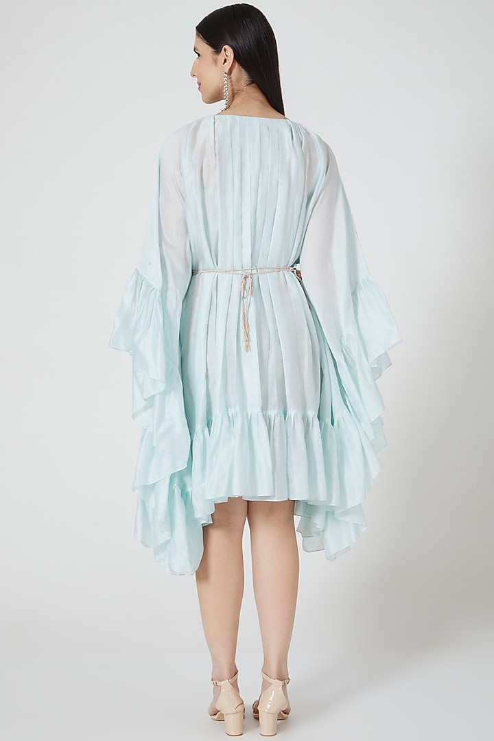 Sky Blue Ruffled Vacation Dress With Embroidered Belt by Shivangi Jain at Pernia's Pop Up Shop