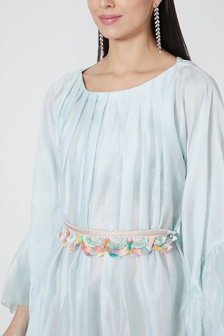 Sky Blue Ruffled Vacation Dress With Embroidered Belt by Shivangi Jain at Pernia's Pop Up Shop