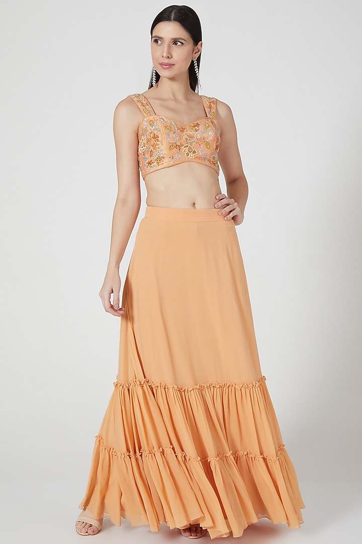 Orange Ruffled Skirt Set With Embroidered Blouse by Shivangi Jain at Pernia's Pop Up Shop