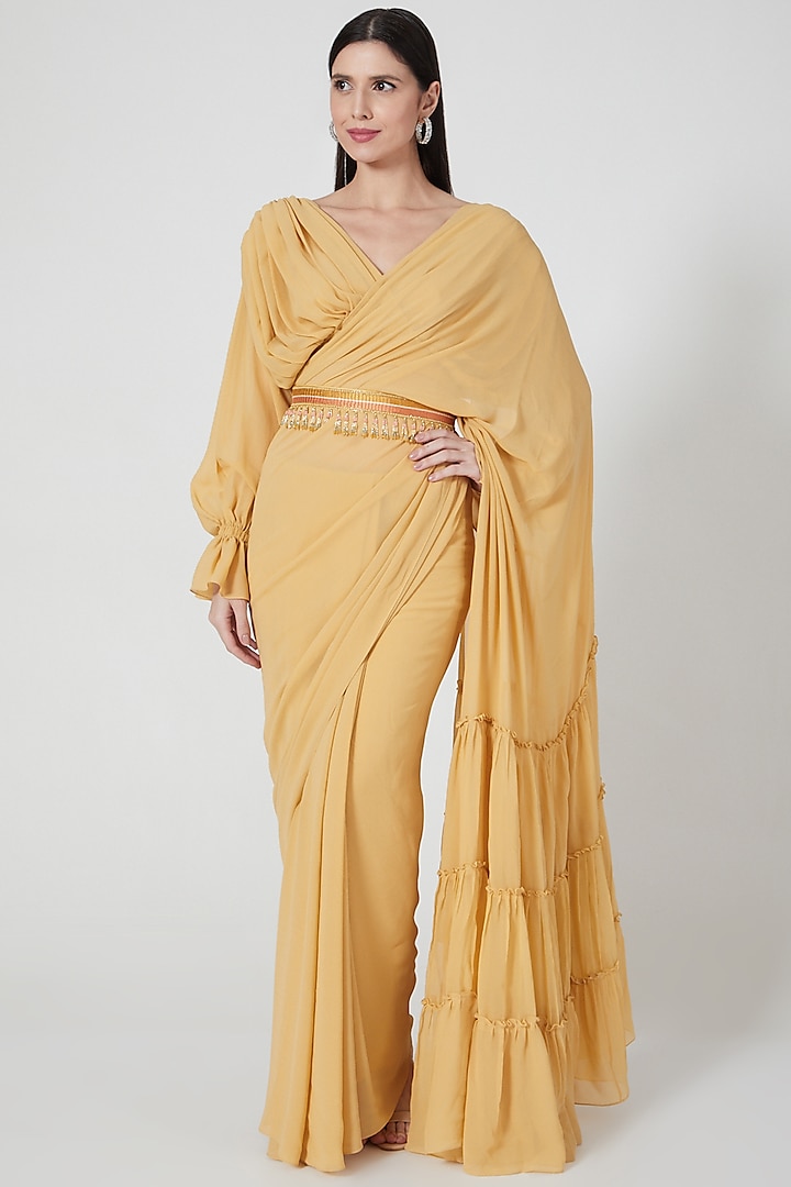 Yellow Ruffled Saree Set With Embroidered Belt by Shivangi Jain