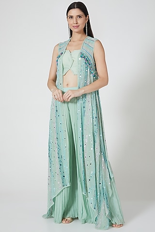 Mint Green Embroidered Jacket Set by Shivangi Jain