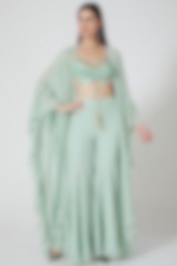 Mint Green Ruffled Cape Set by Shivangi Jain at Pernia's Pop Up Shop