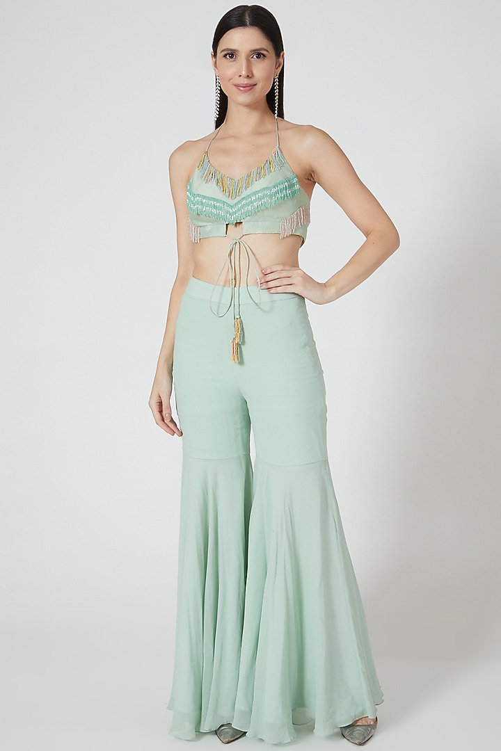 Mint Green Ruffled Cape Set by Shivangi Jain at Pernia's Pop Up Shop