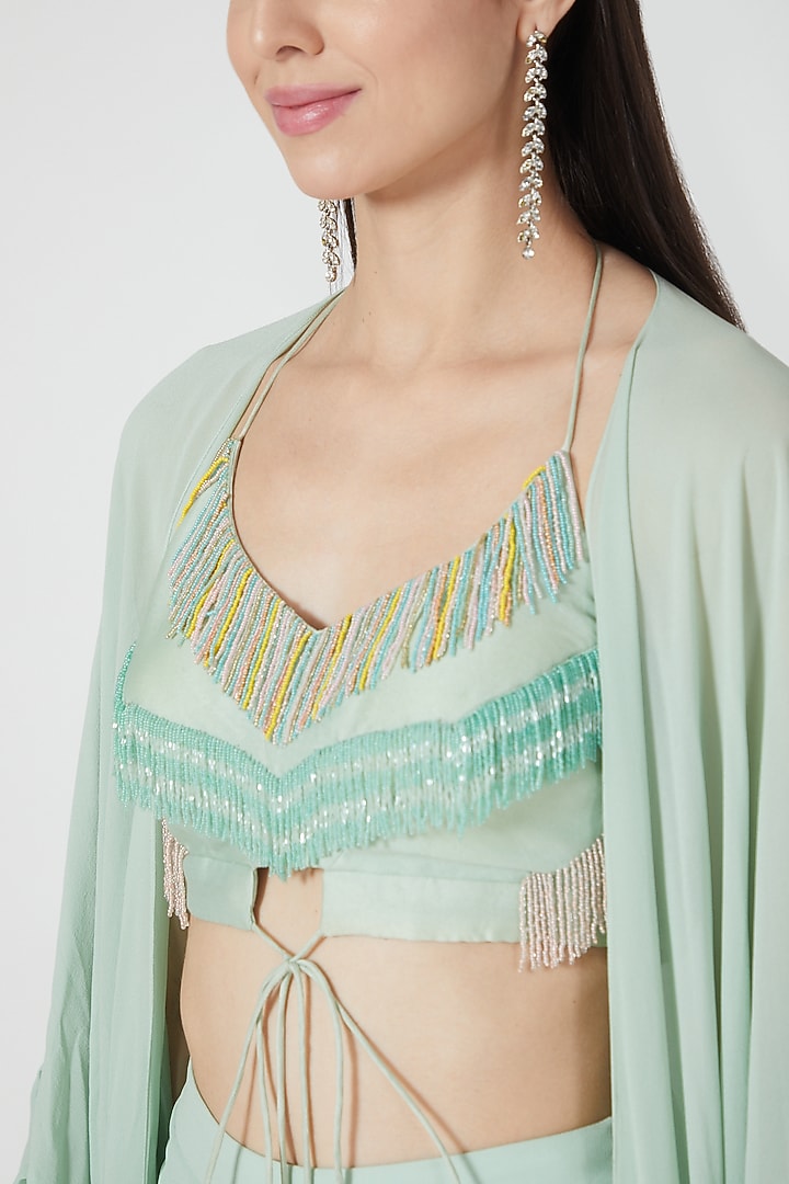 Mint Green Ruffled Cape Set by Shivangi Jain at Pernia's Pop Up Shop