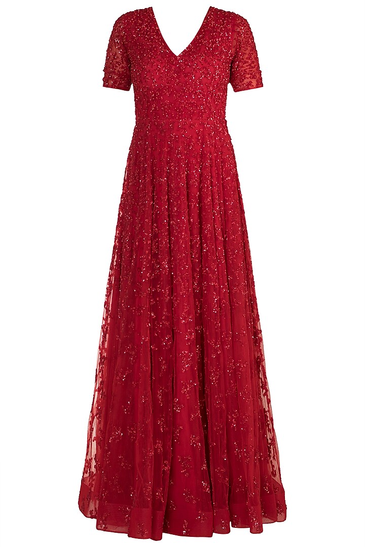 Red Hand Embroidered Gown by Shivangi Jain