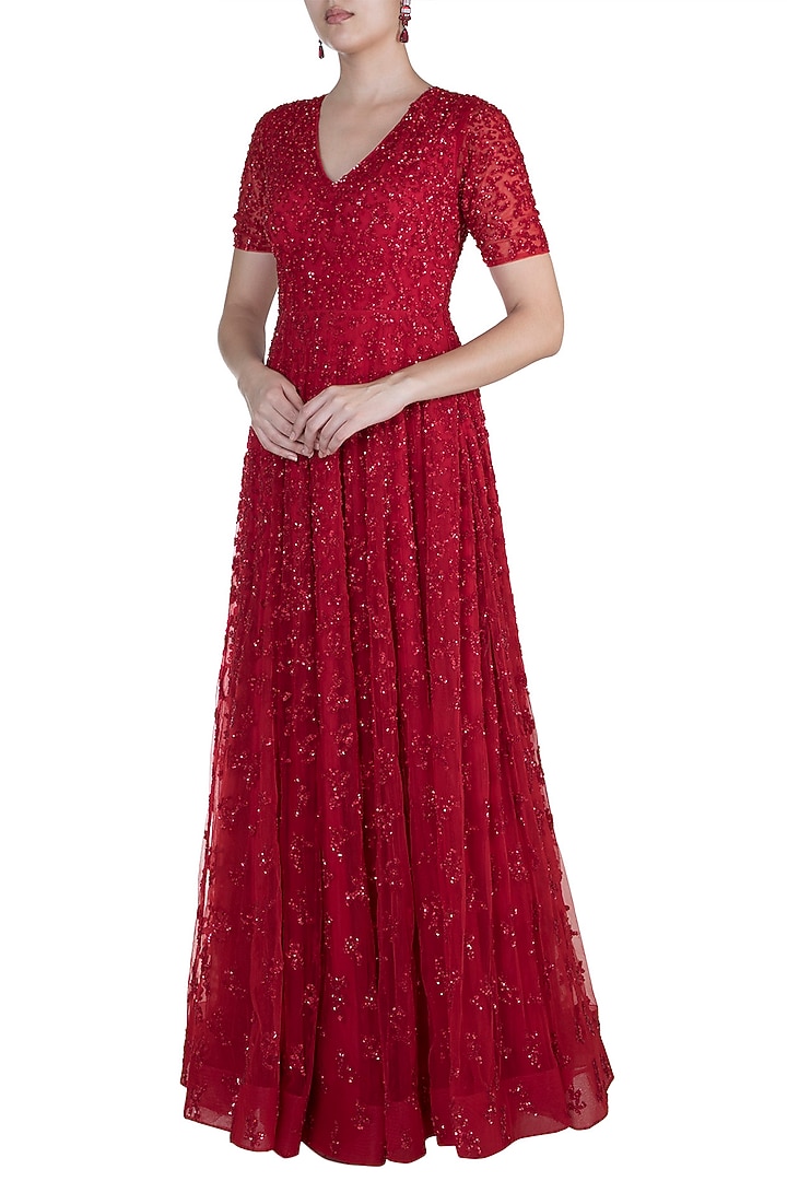 Red Hand Embroidered Gown by Shivangi Jain at Pernia's Pop Up Shop