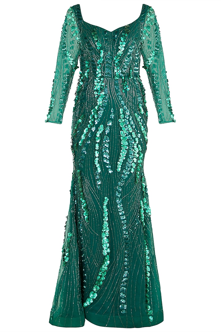 Emerald Green Hand Embroidered Gown by Shivangi Jain