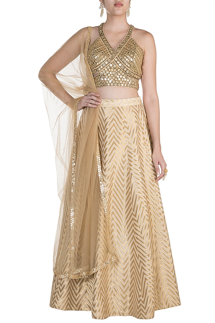 Golden Hand Embroidered Wedding Lehenga Set by Shivangi Jain at Pernia's Pop Up Shop