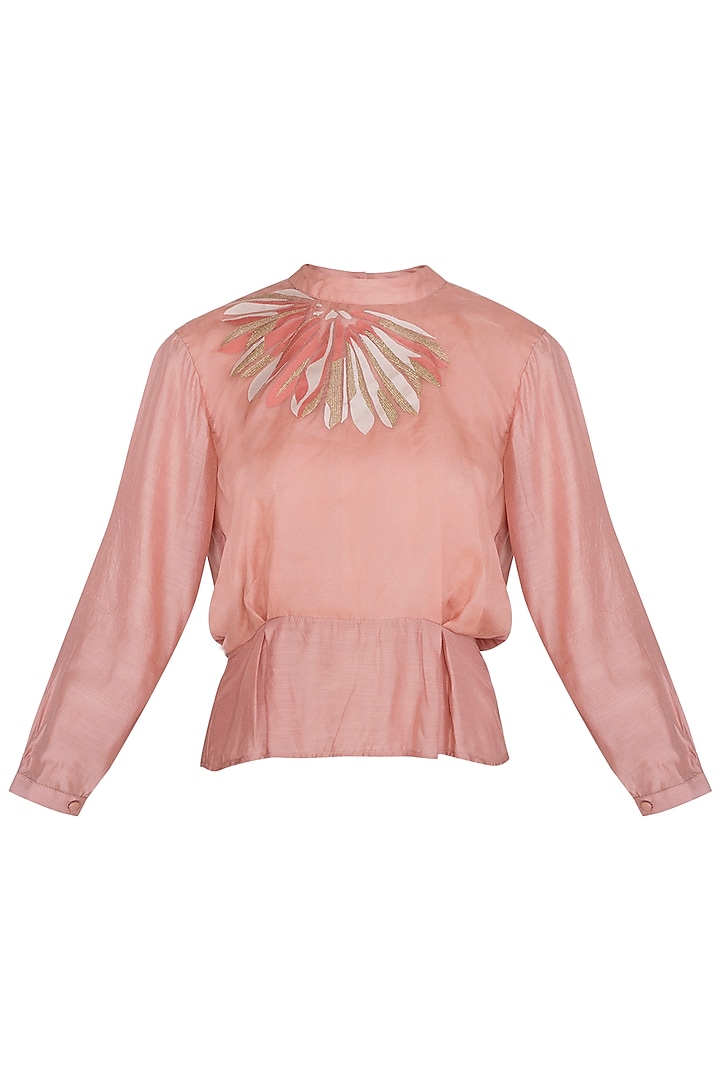 Peach Embroidered Pleated Top by Shiori