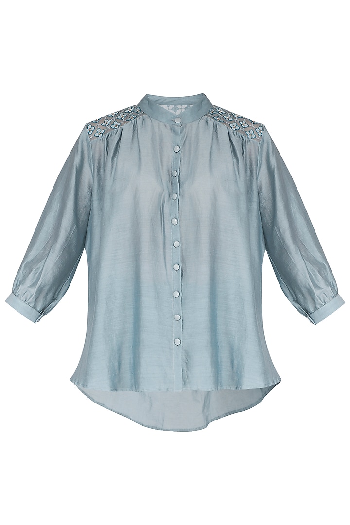 Powder Blue Embroidered Shirt Design by Shiori at Pernia's Pop Up Shop 2023