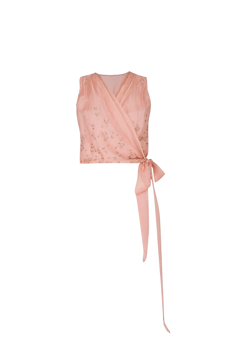 Peach Embroidered Drape Crop Top by Shiori at Pernia's Pop Up Shop