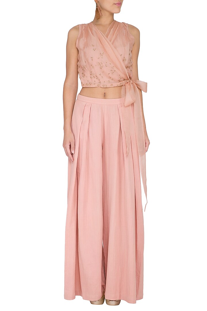 Peach Embroidered Drape Crop Top by Shiori at Pernia's Pop Up Shop