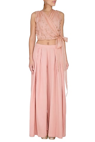 Peach Embroidered Drape Crop Top by Shiori