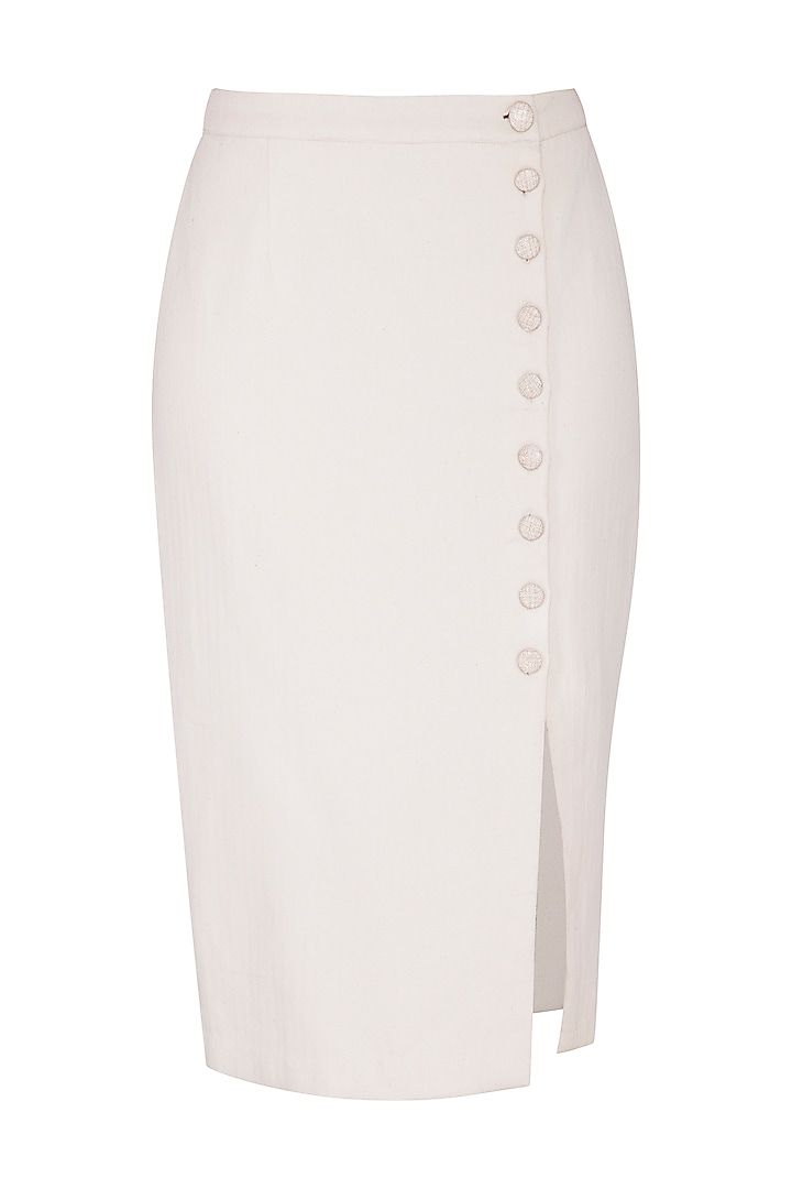 Ivory Button Down Pencil Skirt by Shiori