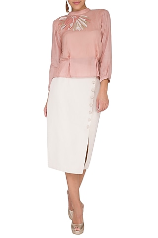 Ivory Button Down Pencil Skirt by Shiori