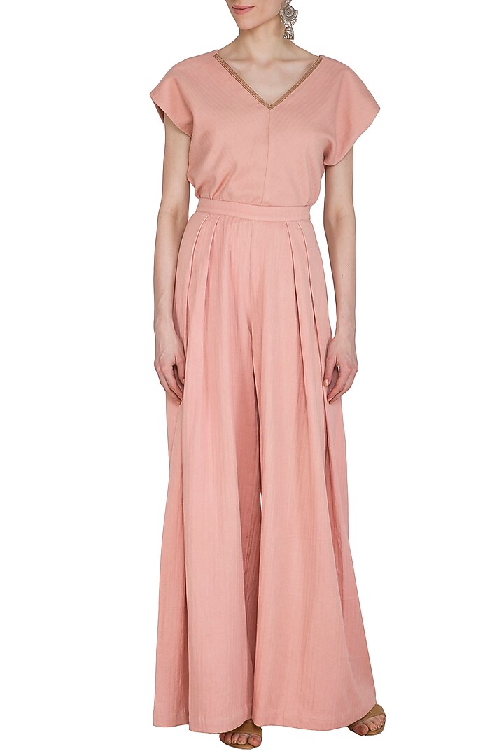 Peach Pleated Wide Leg Pants by Shiori at Pernia's Pop Up Shop