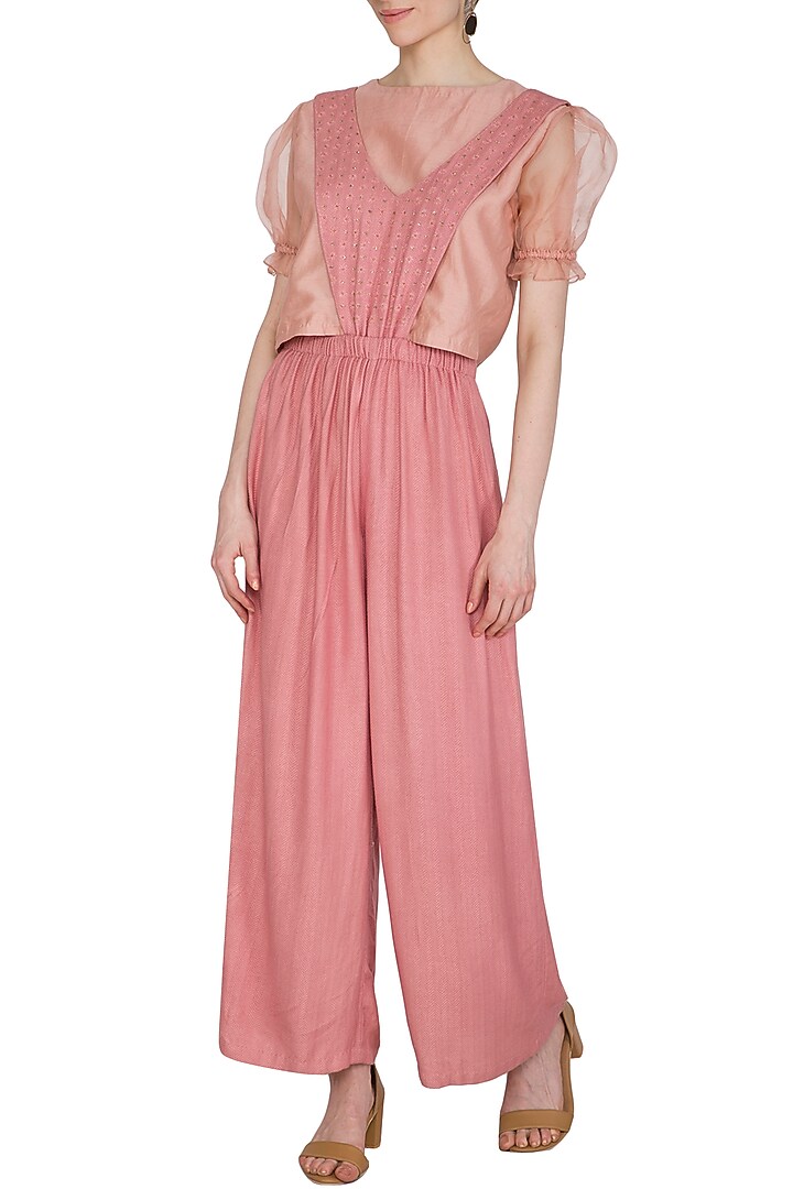 Coral Embroidered Textured Jumpsuit by Shiori at Pernia's Pop Up Shop