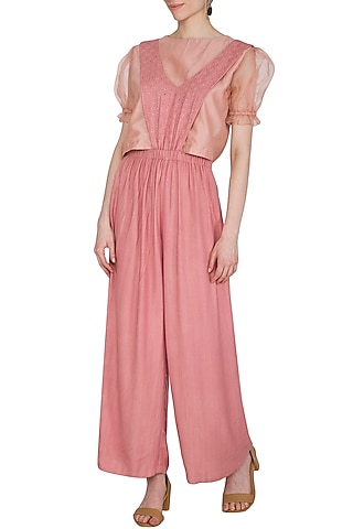 Coral Embroidered Textured Jumpsuit by Shiori