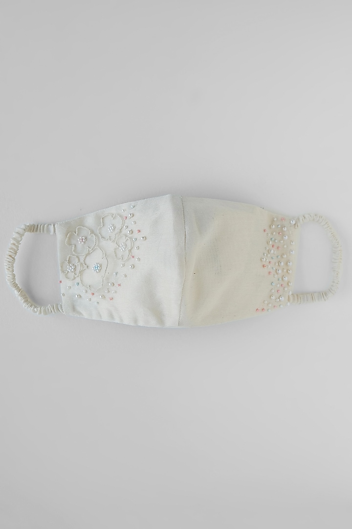 White Floral Appliques Embroidered Reusable Mask by Shivangi Jain