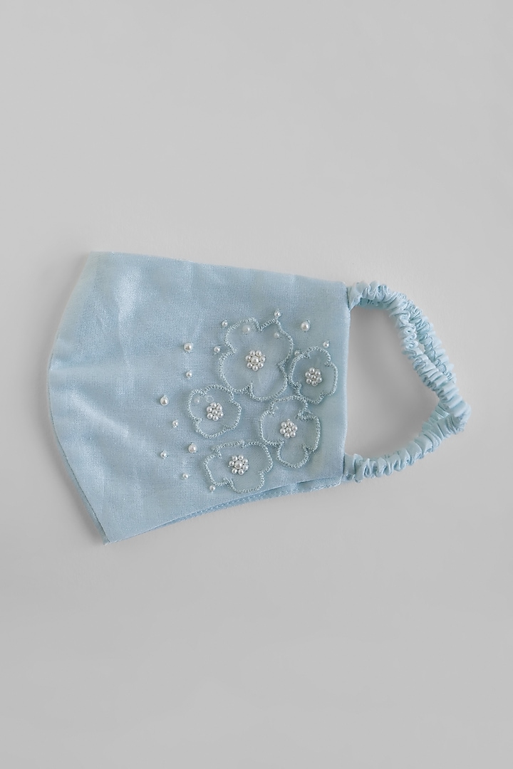 Light Blue Hand Embroidered Reusable Mask by Shivangi Jain at Pernia's Pop Up Shop